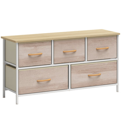 5-Drawer Fabric Dresser with Metal Frame — Bedroom, Living Room & Office Chest, Natural Wood/White