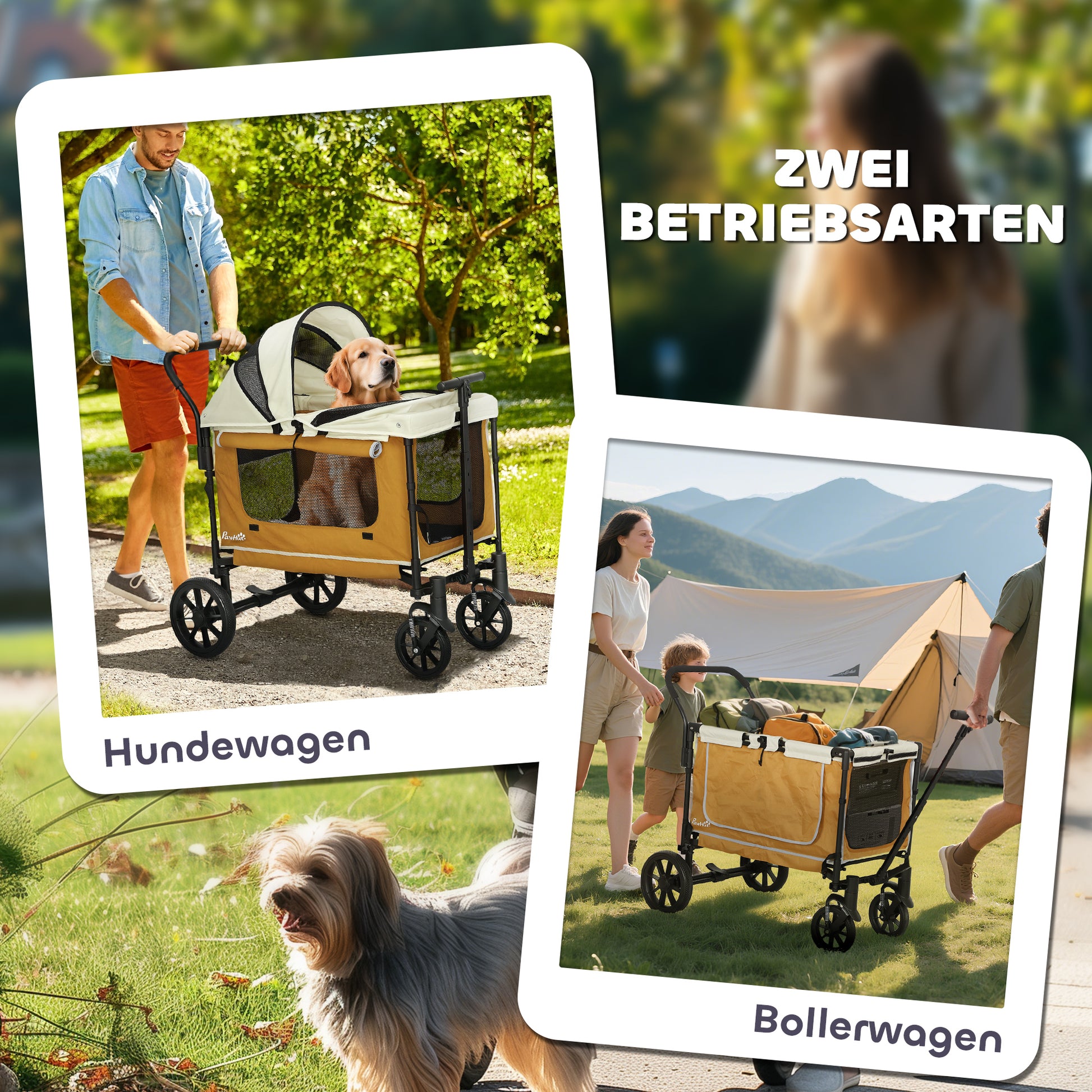 2 in 1 Dog Cart Dog Buggy foldable for Dogs & Cats up to 30 kg Wagon with Cushion Net Windows 2 Doors Storage Bag Cat Cart Buggy Brown