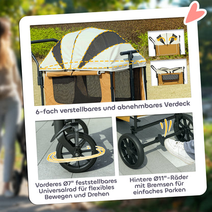 2 in 1 Dog Cart Dog Buggy foldable for Dogs & Cats up to 30 kg Wagon with Cushion Net Windows 2 Doors Storage Bag Cat Cart Buggy Brown