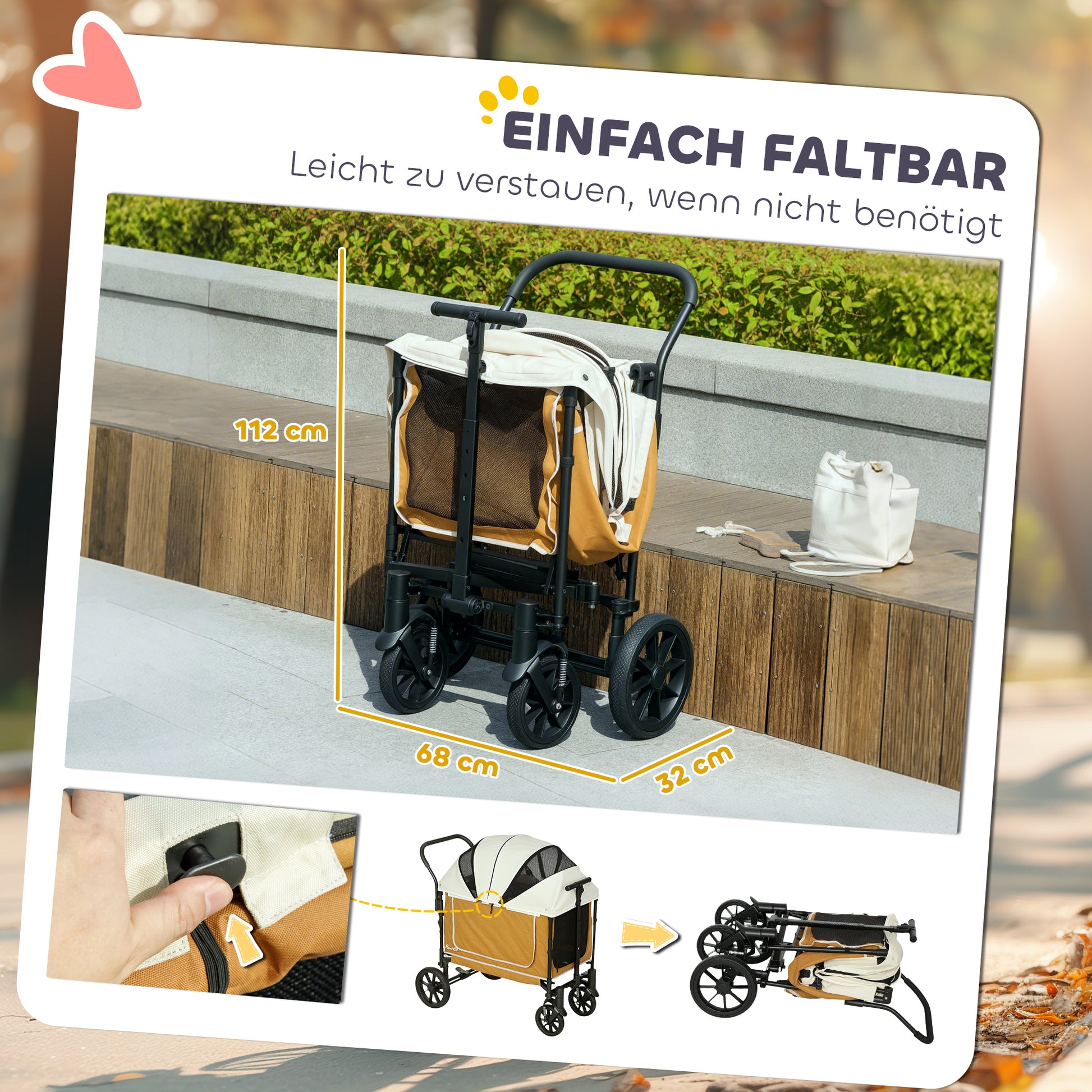 2 in 1 Dog Cart Dog Buggy foldable for Dogs & Cats up to 30 kg Wagon with Cushion Net Windows 2 Doors Storage Bag Cat Cart Buggy Brown