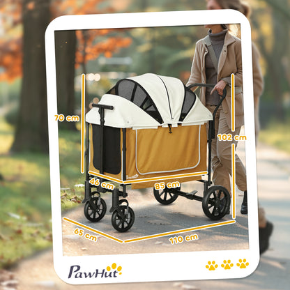 2 in 1 Dog Cart Dog Buggy foldable for Dogs & Cats up to 30 kg Wagon with Cushion Net Windows 2 Doors Storage Bag Cat Cart Buggy Brown