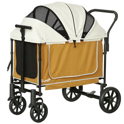 2 in 1 Dog Cart Dog Buggy foldable for Dogs & Cats up to 30 kg Wagon with Cushion Net Windows 2 Doors Storage Bag Cat Cart Buggy Brown