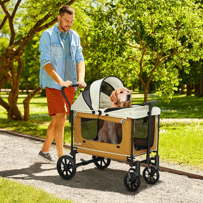 2 in 1 Dog Cart Dog Buggy foldable for Dogs & Cats up to 30 kg Wagon with Cushion Net Windows 2 Doors Storage Bag Cat Cart Buggy Brown