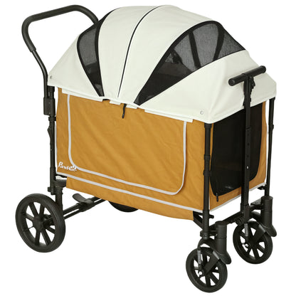 2 in 1 Dog Cart Dog Buggy foldable for Dogs & Cats up to 30 kg Wagon with Cushion Net Windows 2 Doors Storage Bag Cat Cart Buggy Brown