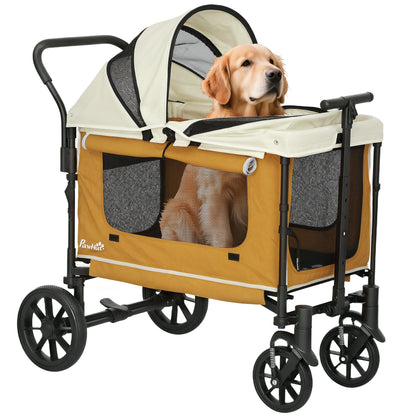 2 in 1 Dog Cart Dog Buggy foldable for Dogs & Cats up to 30 kg Wagon with Cushion Net Windows 2 Doors Storage Bag Cat Cart Buggy Brown