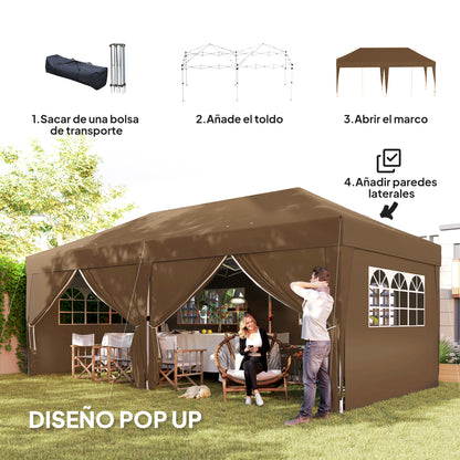 Folding Gazebo 6x3m Brown Pop-up Canopy with 6 Removable Side Walls Waterproof Anti-UV and Carrying Bag Garden Pavilion for Camping Parties