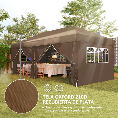 Folding Gazebo 6x3m Brown Pop-up Canopy with 6 Removable Side Walls Waterproof Anti-UV and Carrying Bag Garden Pavilion for Camping Parties