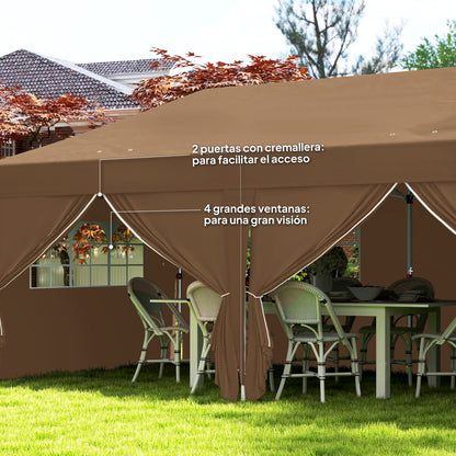 Folding Gazebo 6x3m Brown Pop-up Canopy with 6 Removable Side Walls Waterproof Anti-UV and Carrying Bag Garden Pavilion for Camping Parties