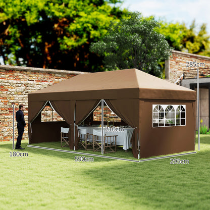 Folding Gazebo 6x3m Brown Pop-up Canopy with 6 Removable Side Walls Waterproof Anti-UV and Carrying Bag Garden Pavilion for Camping Parties