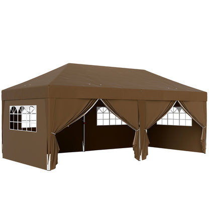 Folding Gazebo 6x3m Brown Pop-up Canopy with 6 Removable Side Walls Waterproof Anti-UV and Carrying Bag Garden Pavilion for Camping Parties
