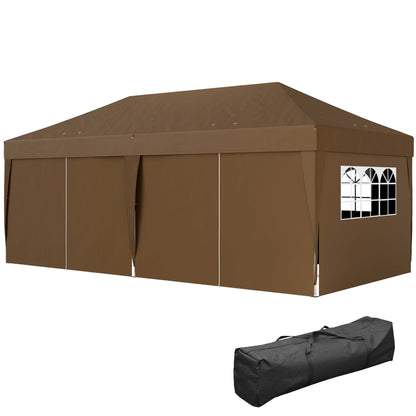 Folding Gazebo 6x3m Brown Pop-up Canopy with 6 Removable Side Walls Waterproof Anti-UV and Carrying Bag Garden Pavilion for Camping Parties