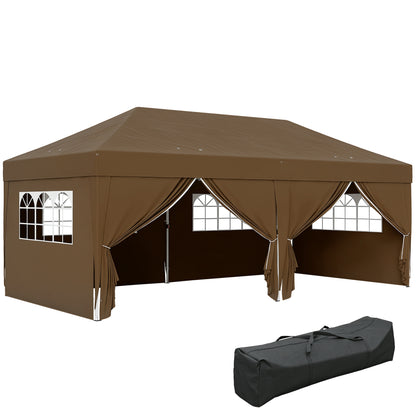 Folding Gazebo 6x3m Brown Pop-up Canopy with 6 Removable Side Walls Waterproof Anti-UV and Carrying Bag Garden Pavilion for Camping Parties