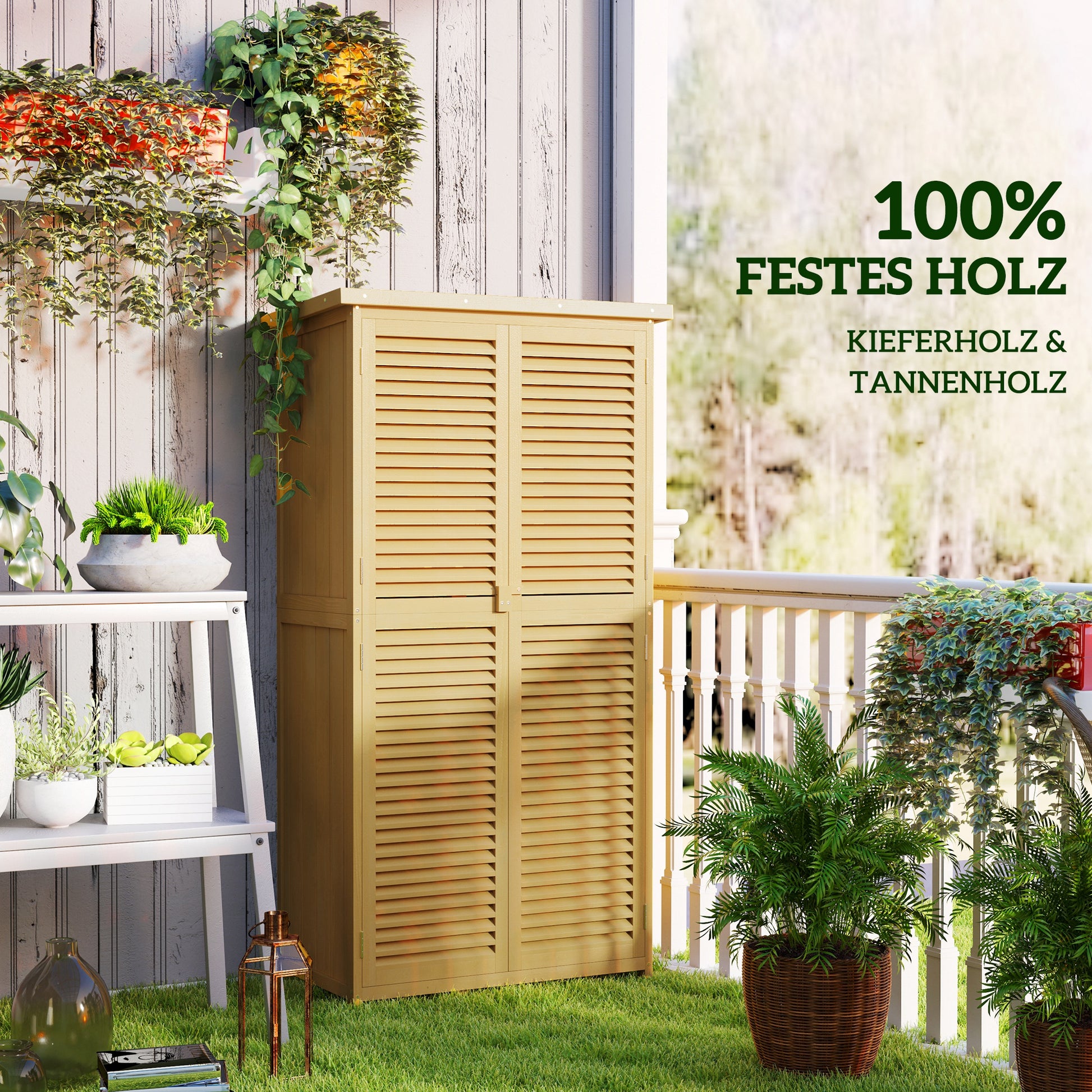 Garden Shed Wood Tool Shed with Asphalt Roof Louvered Door Garden Shelf Shed Garden 4 Compartments Light Yellow 87 x 46.5 x 160 cm