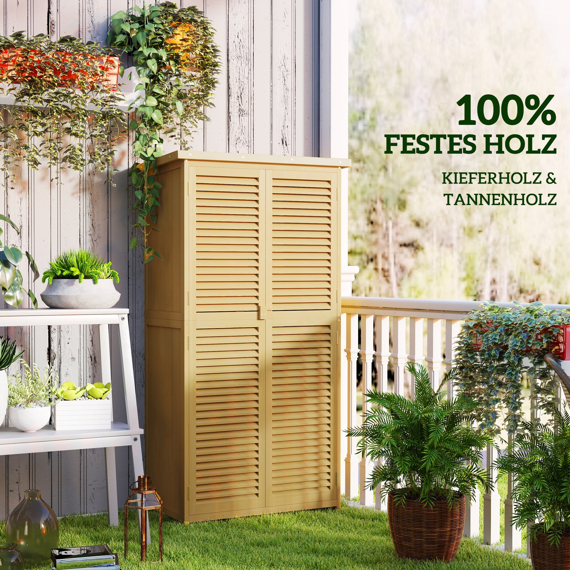 Garden Shed Wood Tool Shed with Asphalt Roof Louvered Door Garden Shelf Shed Garden 4 Compartments Light Yellow 87 x 46.5 x 160 cm