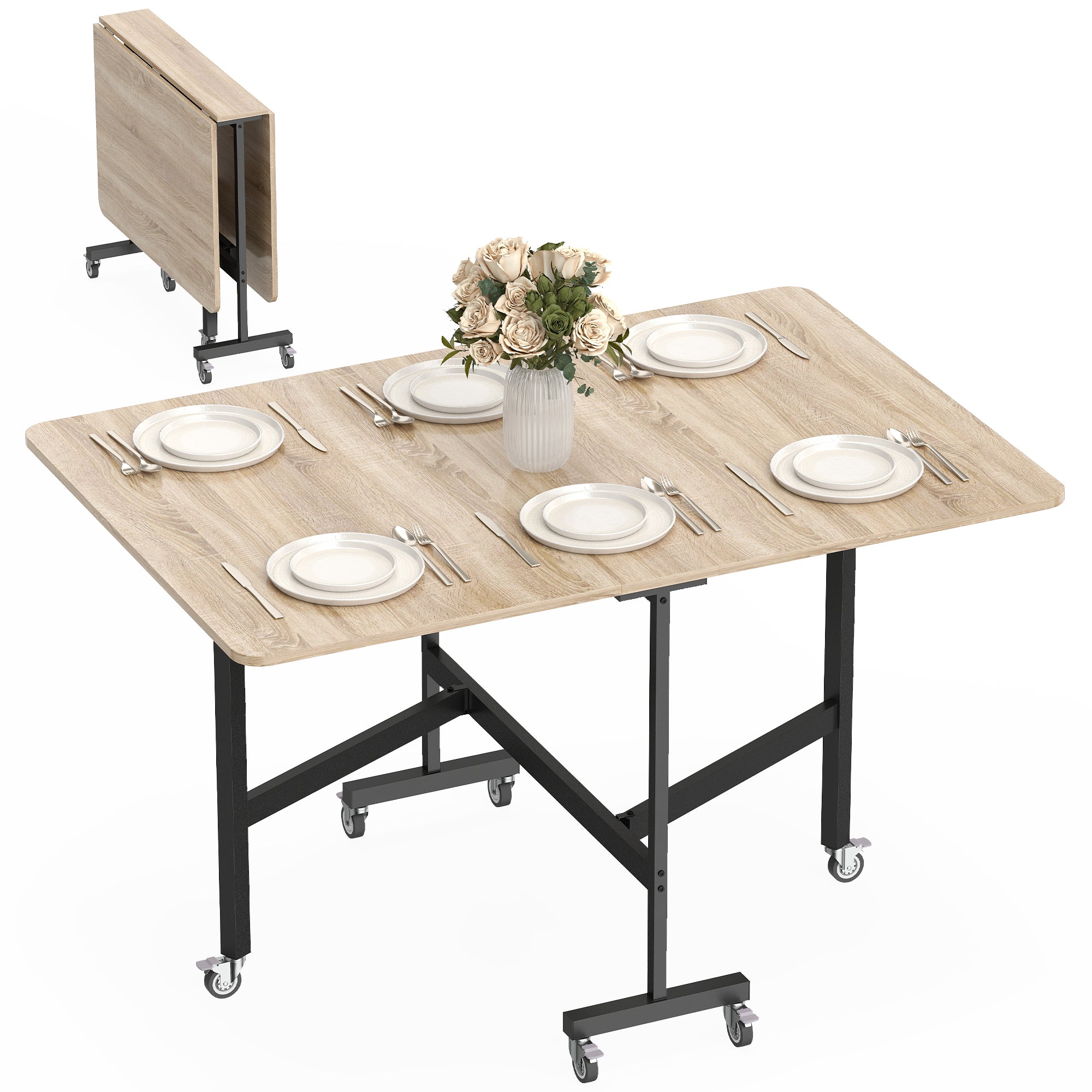 Folding Dining Table for 4–6 with Wheels, Steel Legs, Mobile Foldable Table for Small Spaces, Kitchen & Dining, 120 x 80 x 73 cm, Oak