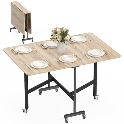 Folding Dining Table for 4–6 with Wheels, Steel Legs, Mobile Foldable Table for Small Spaces, Kitchen & Dining, 120 x 80 x 73 cm, Oak