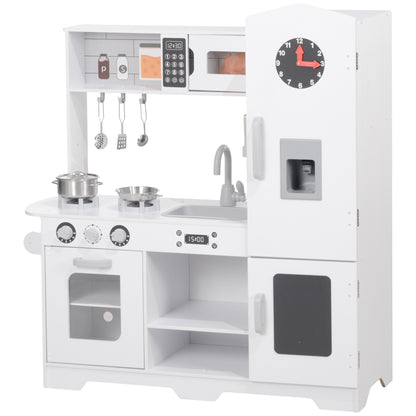 Play Kitchen for Kids +3 Years Wooden Children's Kitchen Mini Kitchen with Stove Sink Microwave Clock Ice Machine and White Kitchen Accessories