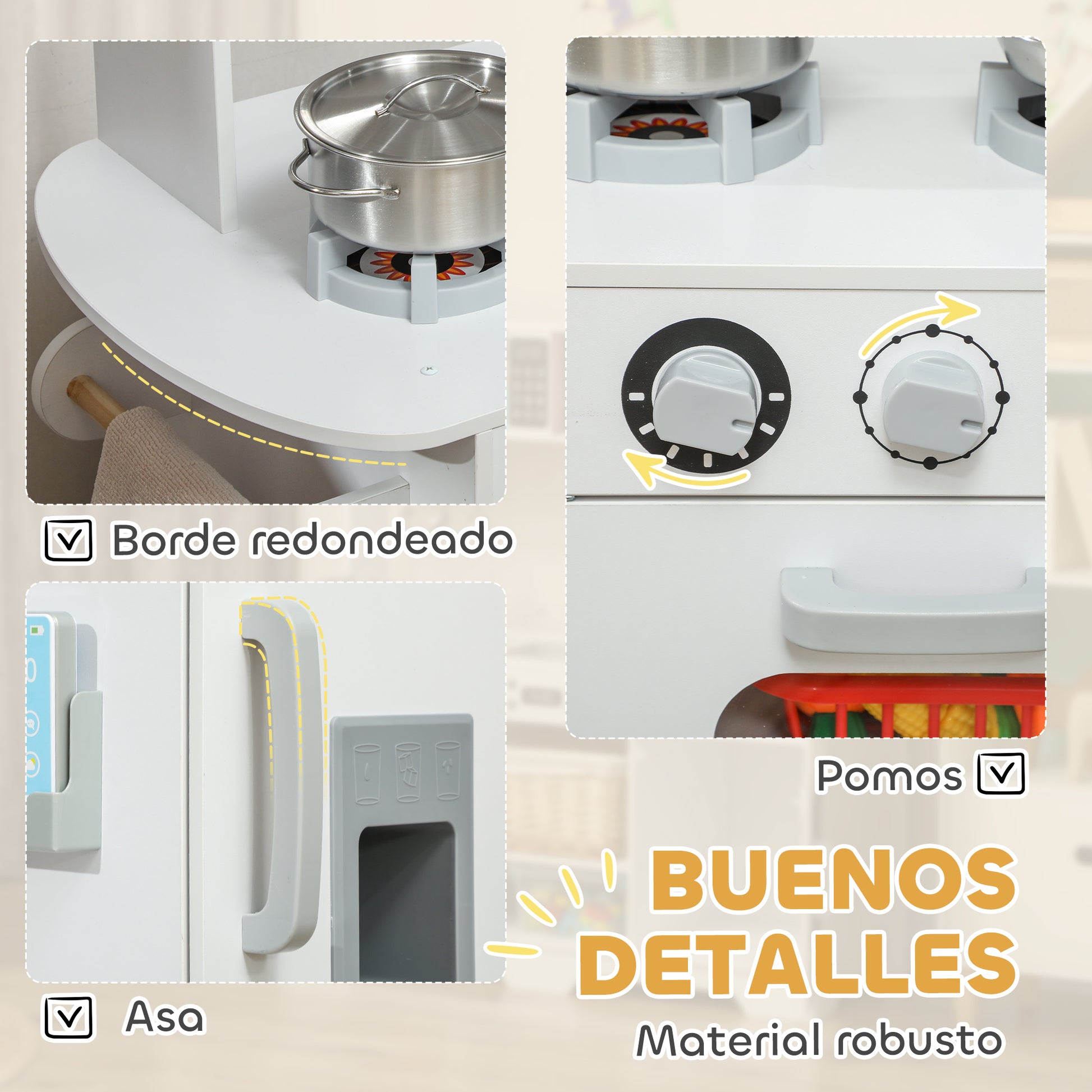 Play Kitchen for Kids +3 Years Wooden Children's Kitchen Mini Kitchen with Stove Sink Microwave Clock Ice Machine and White Kitchen Accessories