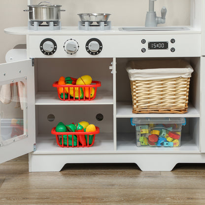 Play Kitchen for Kids +3 Years Wooden Children's Kitchen Mini Kitchen with Stove Sink Microwave Clock Ice Machine and White Kitchen Accessories