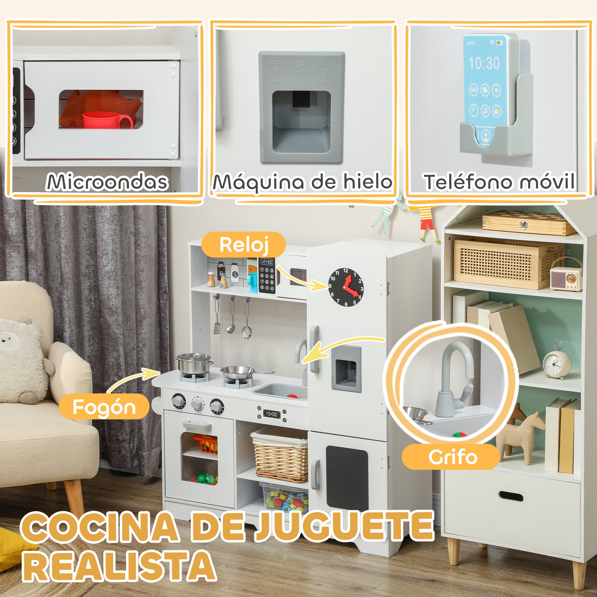 Play Kitchen for Kids +3 Years Wooden Children's Kitchen Mini Kitchen with Stove Sink Microwave Clock Ice Machine and White Kitchen Accessories