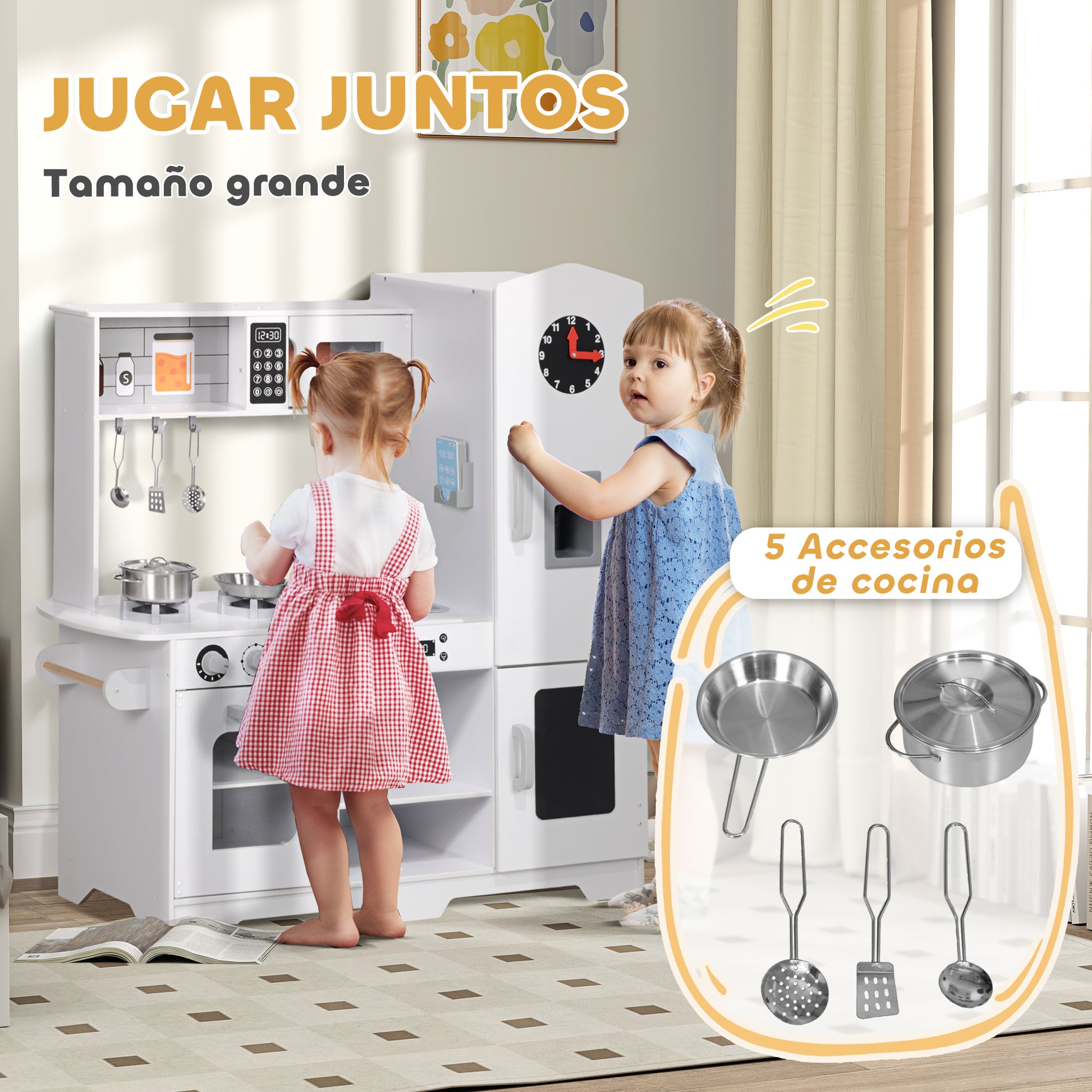 Play Kitchen for Kids +3 Years Wooden Children's Kitchen Mini Kitchen with Stove Sink Microwave Clock Ice Machine and White Kitchen Accessories