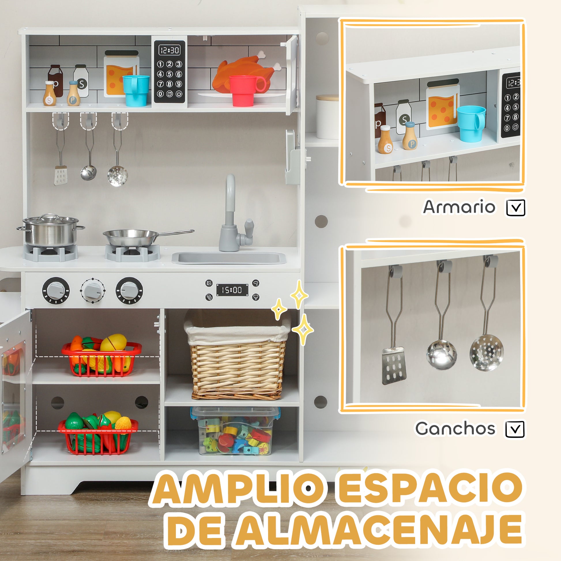 Play Kitchen for Kids +3 Years Wooden Children's Kitchen Mini Kitchen with Stove Sink Microwave Clock Ice Machine and White Kitchen Accessories