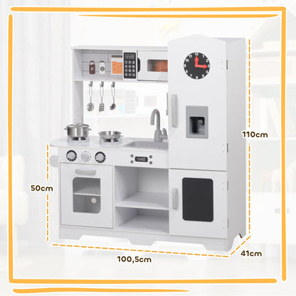 Play Kitchen for Kids +3 Years Wooden Children's Kitchen Mini Kitchen with Stove Sink Microwave Clock Ice Machine and White Kitchen Accessories