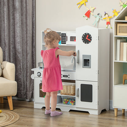 Play Kitchen for Kids +3 Years Wooden Children's Kitchen Mini Kitchen with Stove Sink Microwave Clock Ice Machine and White Kitchen Accessories