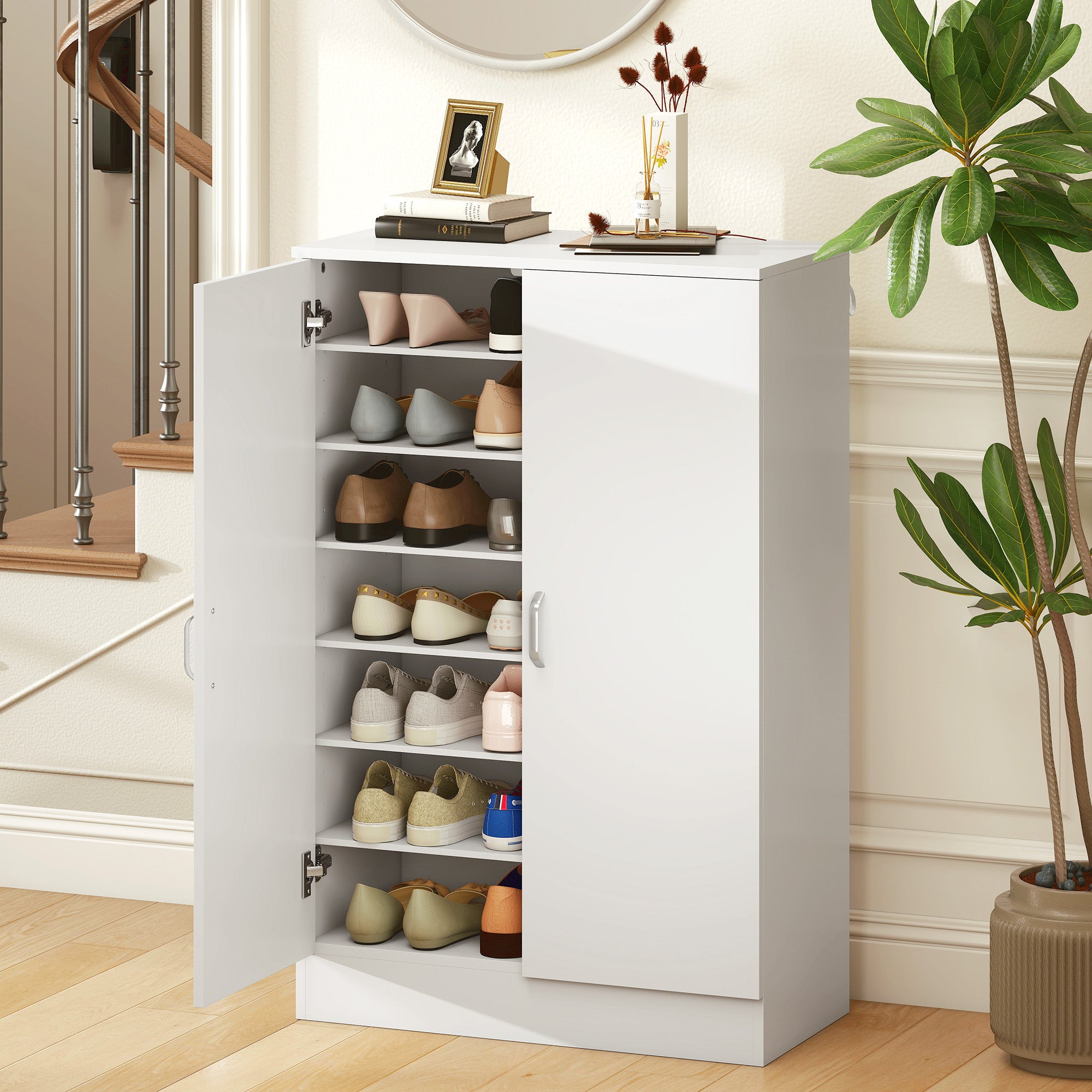 2-Door Shoe Cabinet with 6 Adjustable Shelves, Soft-Close, Stores up to 21 Pairs – Natural Wood Finish (27.6 x 13.8 x 42.5 in)