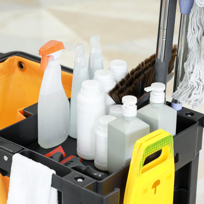 Professional and Multifunctional Cleaning Cart with 100L Bag for Hotels, Hostels, and Commercial Use with 3 Trays and 1 Platform 121x50.5x96.5 cm Black and Yellow