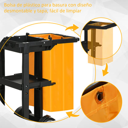 Professional and Multifunctional Cleaning Cart with 100L Bag for Hotels, Hostels, and Commercial Use with 3 Trays and 1 Platform 121x50.5x96.5 cm Black and Yellow