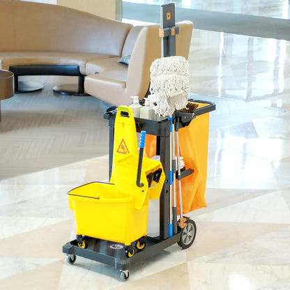 Professional and Multifunctional Cleaning Cart with 100L Bag for Hotels, Hostels, and Commercial Use with 3 Trays and 1 Platform 121x50.5x96.5 cm Black and Yellow