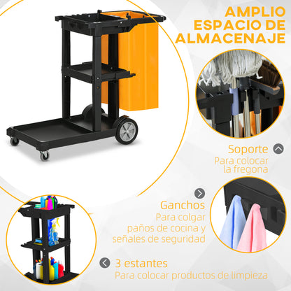 Professional and Multifunctional Cleaning Cart with 100L Bag for Hotels, Hostels, and Commercial Use with 3 Trays and 1 Platform 121x50.5x96.5 cm Black and Yellow