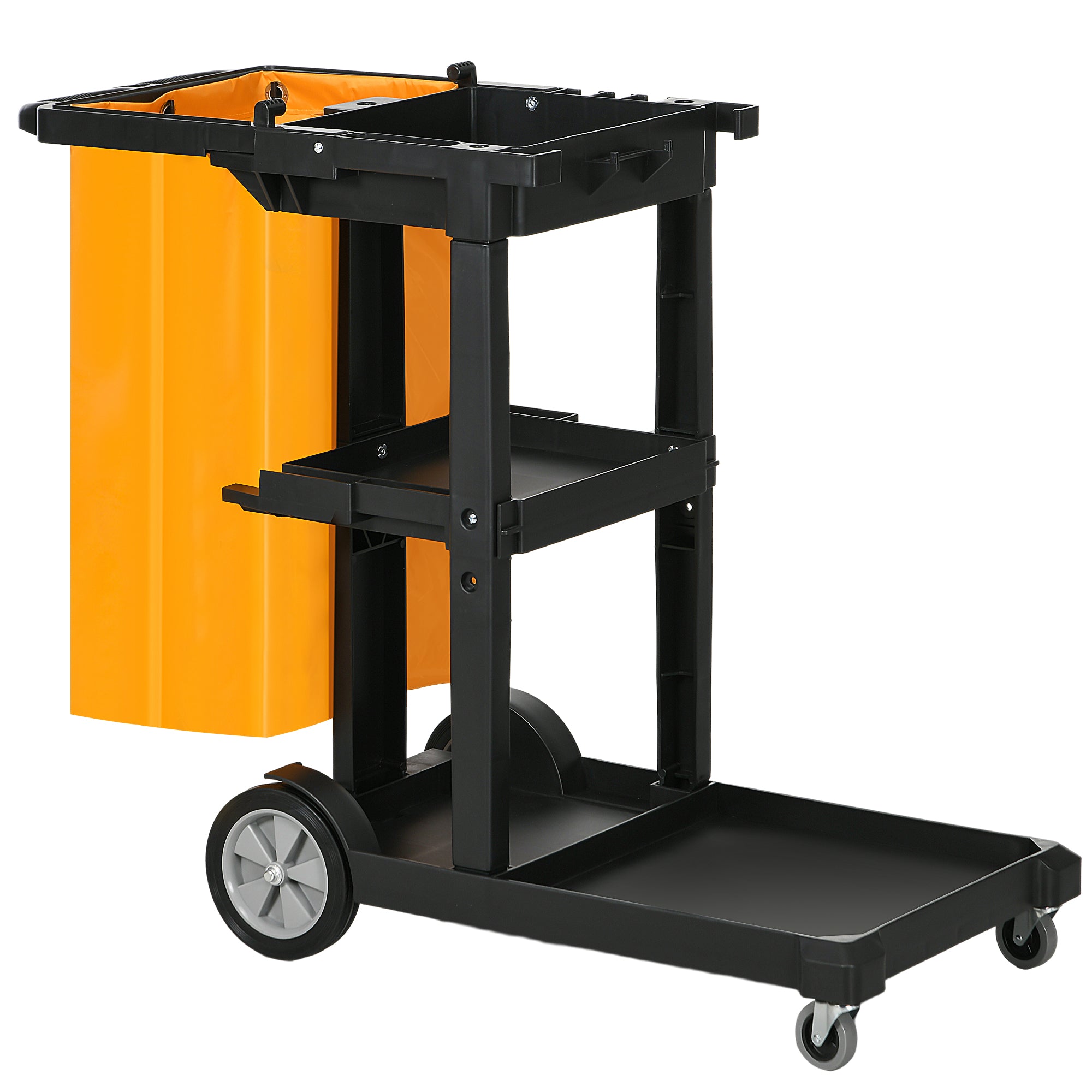 Professional and Multifunctional Cleaning Cart with 100L Bag for Hotels, Hostels, and Commercial Use with 3 Trays and 1 Platform 121x50.5x96.5 cm Black and Yellow