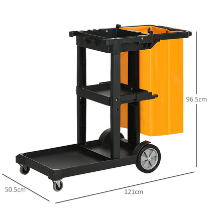 Professional and Multifunctional Cleaning Cart with 100L Bag for Hotels, Hostels, and Commercial Use with 3 Trays and 1 Platform 121x50.5x96.5 cm Black and Yellow