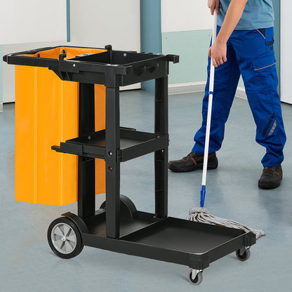Professional and Multifunctional Cleaning Cart with 100L Bag for Hotels, Hostels, and Commercial Use with 3 Trays and 1 Platform 121x50.5x96.5 cm Black and Yellow