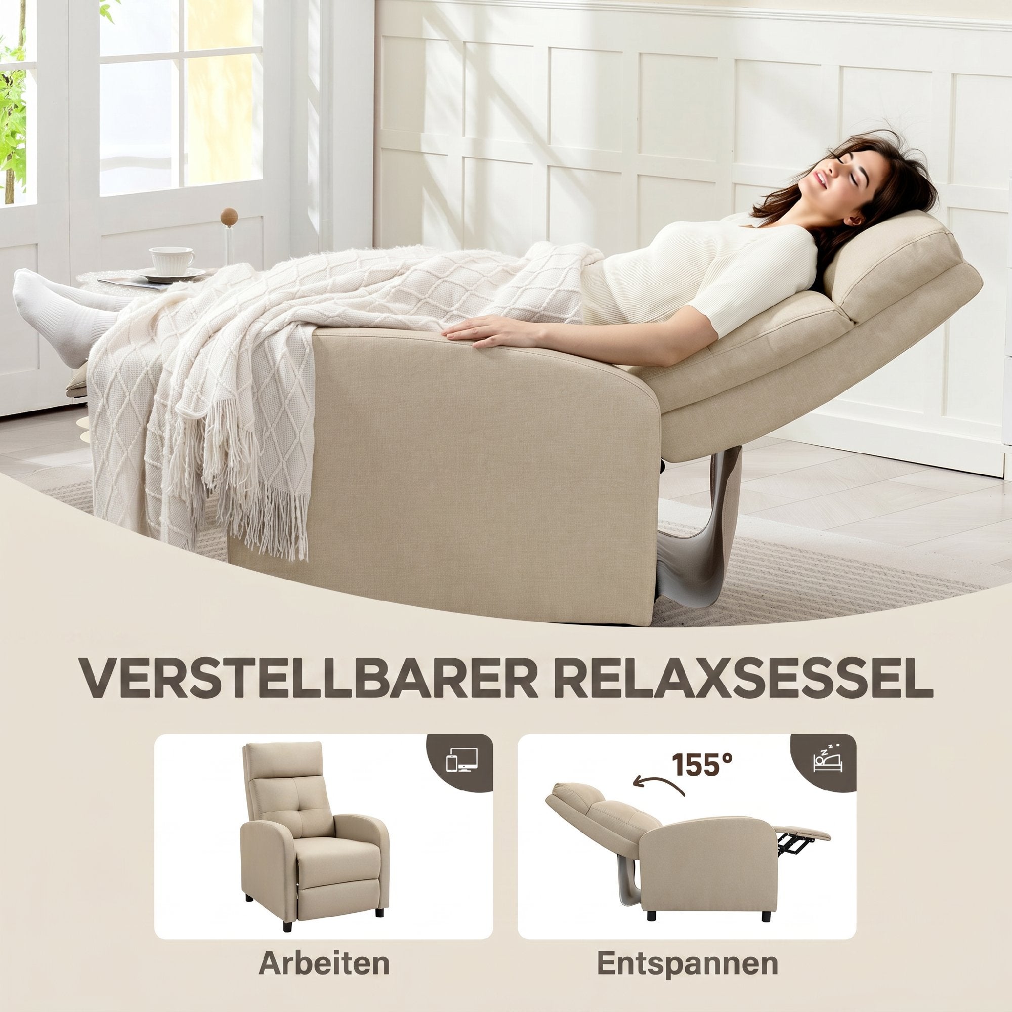 Recliner Armchair with Footrest, Linen-Look Upholstery, Pocket-Spring Seat, Reclines up to 155°, Supports up to 331 lb – Beige