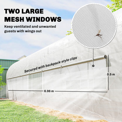 24 m² (258 sq ft) Tunnel Greenhouse — Galvanized Steel Frame, Roll-Up Doors & 2 Large Mesh Windows, 140 gsm PE Cover, White