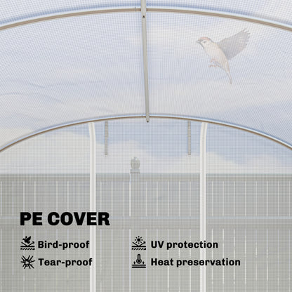 24 m² (258 sq ft) Tunnel Greenhouse — Galvanized Steel Frame, Roll-Up Doors & 2 Large Mesh Windows, 140 gsm PE Cover, White