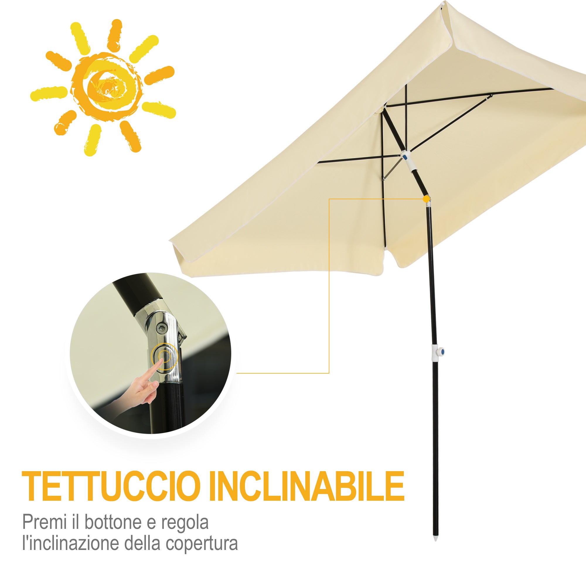 Garden Umbrella 2x2 m for Terrace and Garden with Square Canopy, Adjustable and Portable Design, Cream White