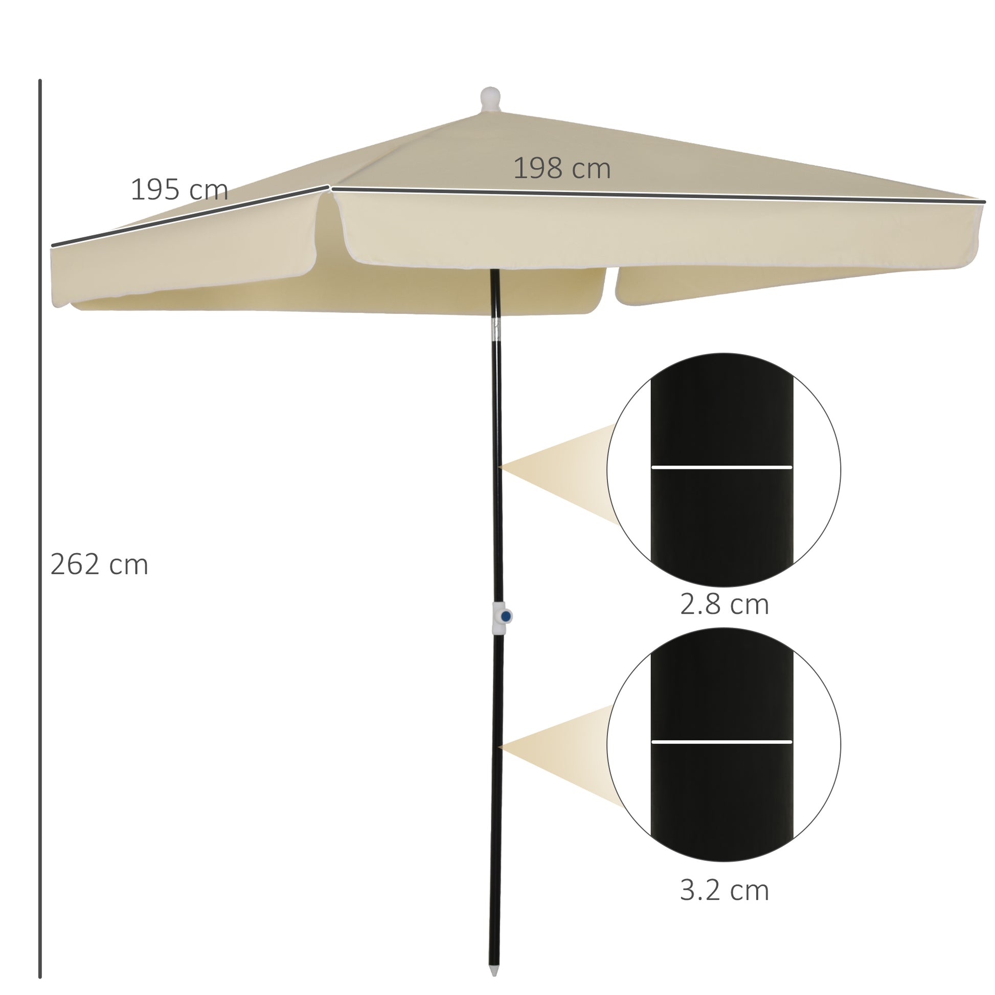Garden Umbrella 2x2 m for Terrace and Garden with Square Canopy, Adjustable and Portable Design, Cream White