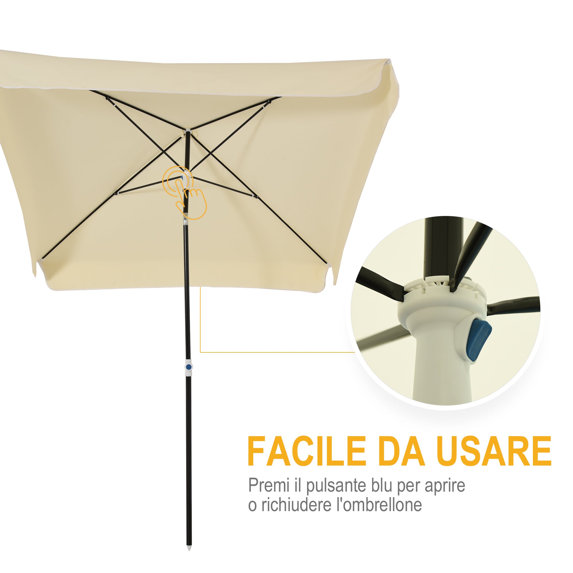 Garden Umbrella 2x2 m for Terrace and Garden with Square Canopy, Adjustable and Portable Design, Cream White