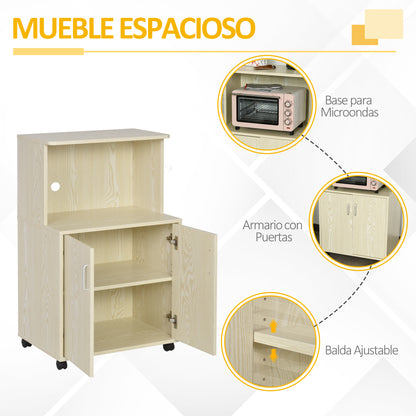 Microwave Sideboard Kitchen Cabinet with 2 Doors and Adjustable Shelf on Wheels Load 70 kg 60.4x40.3x97 cm Oak