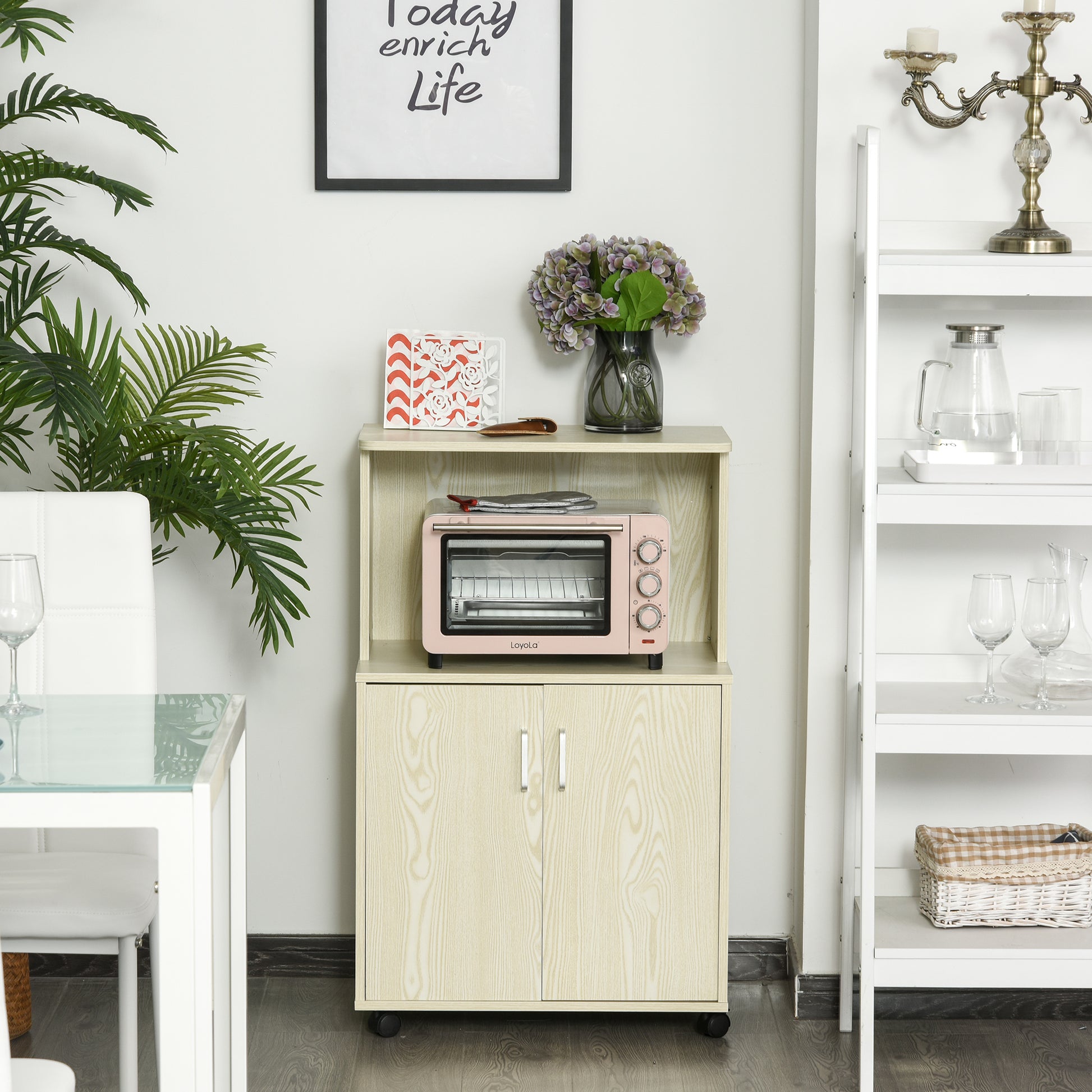 Microwave Sideboard Kitchen Cabinet with 2 Doors and Adjustable Shelf on Wheels Load 70 kg 60.4x40.3x97 cm Oak