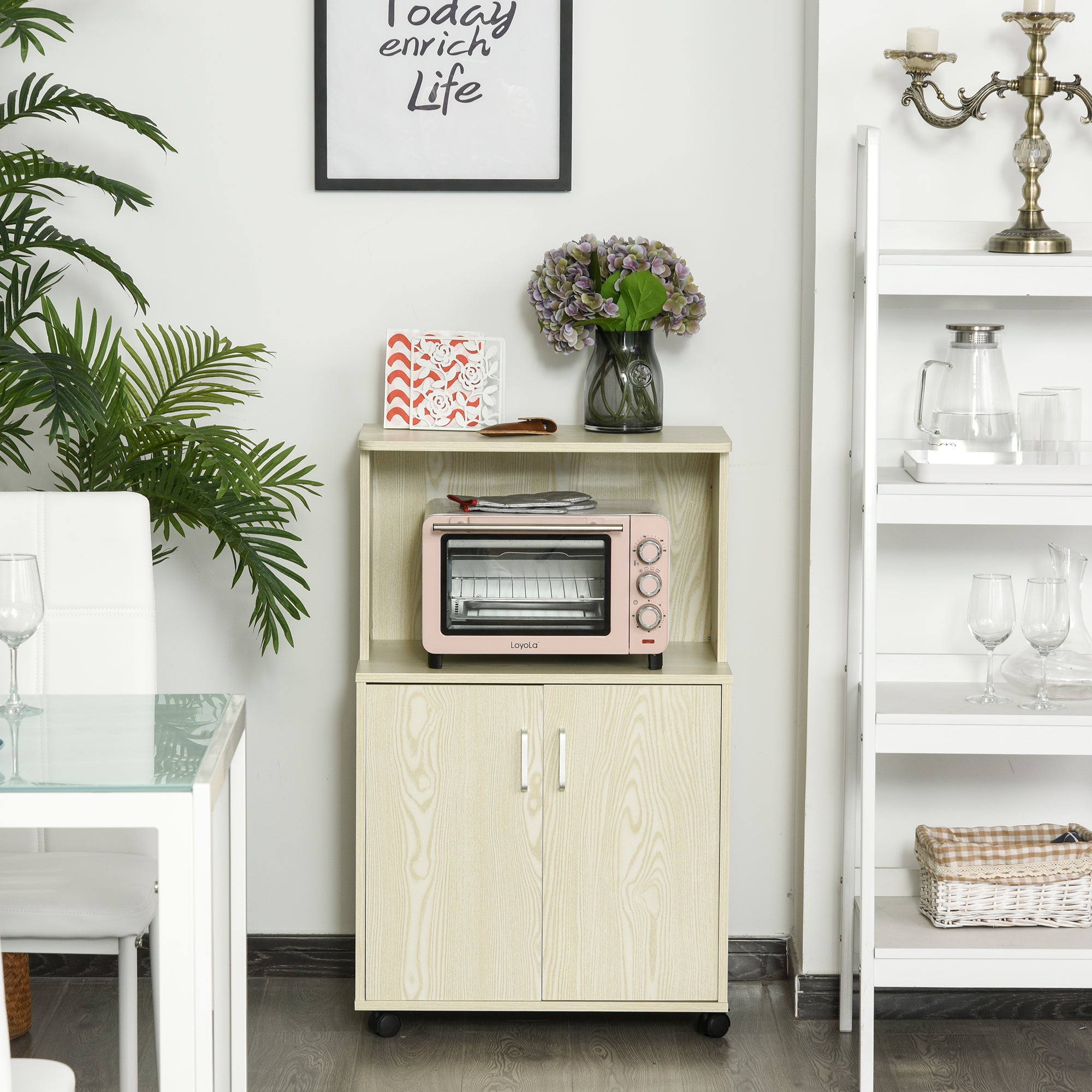 Microwave Sideboard Kitchen Cabinet with 2 Doors and Adjustable Shelf on Wheels Load 70 kg 60.4x40.3x97 cm Oak