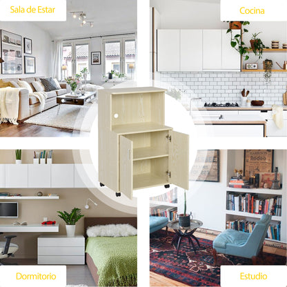 Microwave Sideboard Kitchen Cabinet with 2 Doors and Adjustable Shelf on Wheels Load 70 kg 60.4x40.3x97 cm Oak