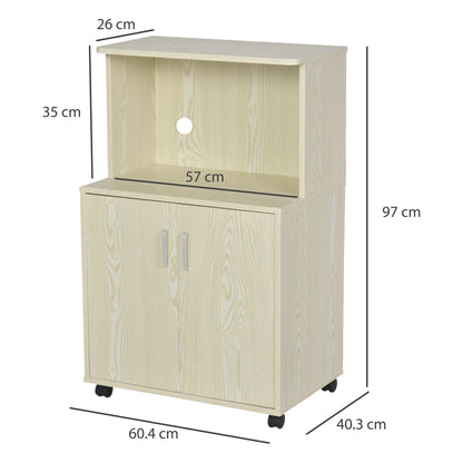Microwave Sideboard Kitchen Cabinet with 2 Doors and Adjustable Shelf on Wheels Load 70 kg 60.4x40.3x97 cm Oak