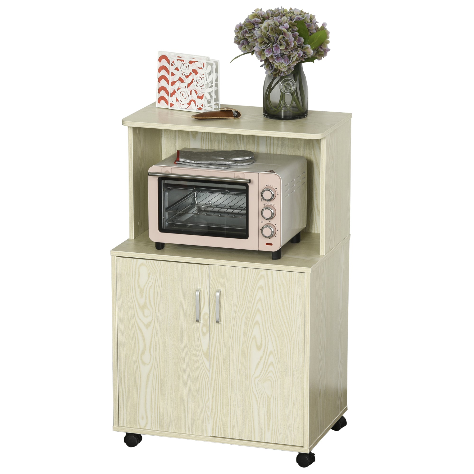 Microwave Sideboard Kitchen Cabinet with 2 Doors and Adjustable Shelf on Wheels Load 70 kg 60.4x40.3x97 cm Oak