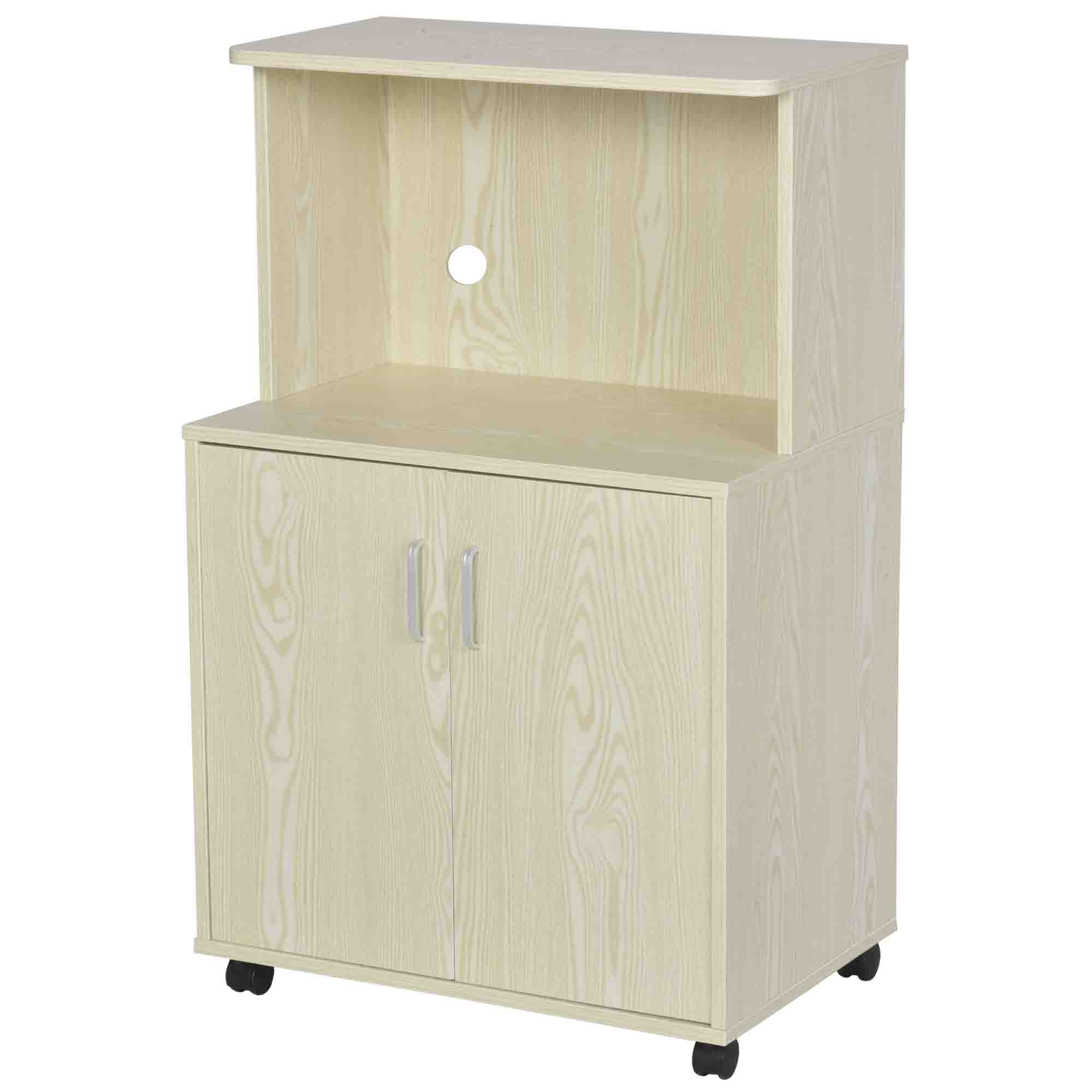 Microwave Sideboard Kitchen Cabinet with 2 Doors and Adjustable Shelf on Wheels Load 70 kg 60.4x40.3x97 cm Oak