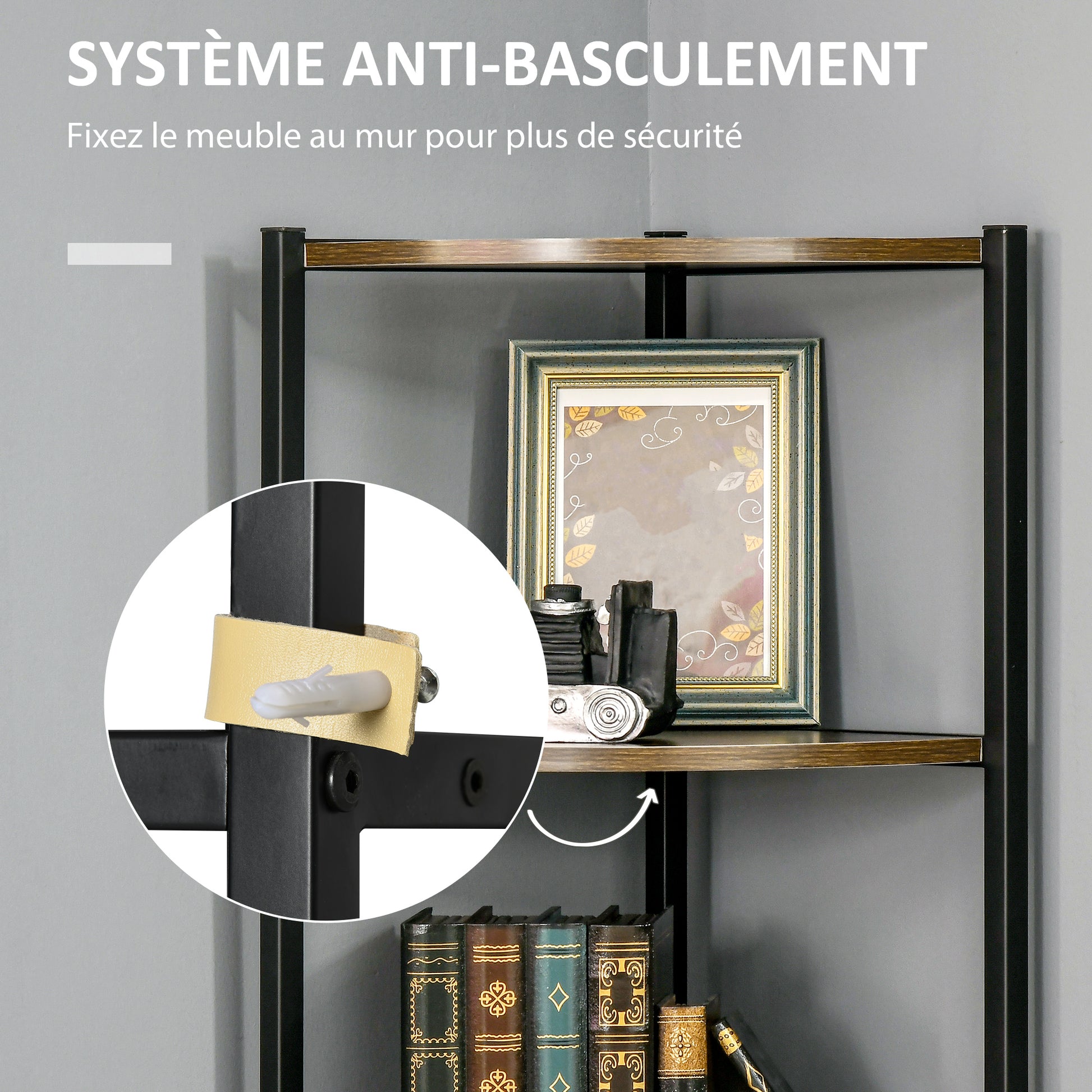 5-Tier Corner Shelf Industrial Style Metal Frame Corner Bookshelf - 34 x 34 x 166 cm Brown Black